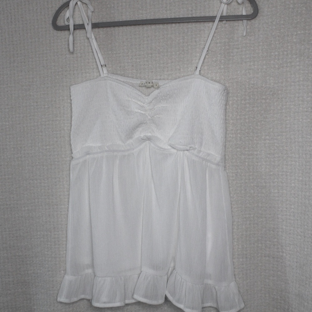 White Promesa tank top with ruffles, smocking, and spaghetti strap in a Sz (M)